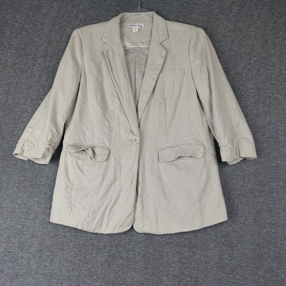 COLDWATER CREEK WOMENS TAN SINGLE BUTTON 3/4 SLEEVE LINEN BLEND BLAZER SIZE 8